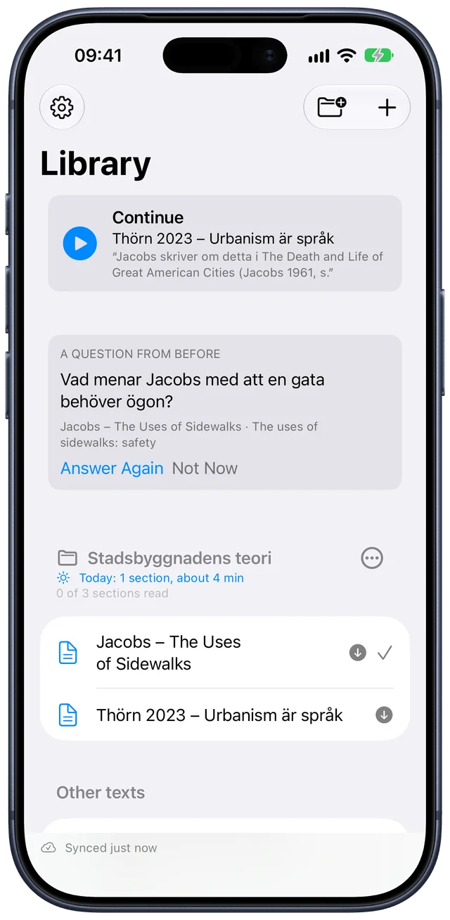 Biblioteket på iPhone med Fortsätt, en fråga från förut och dagens portion för kursen