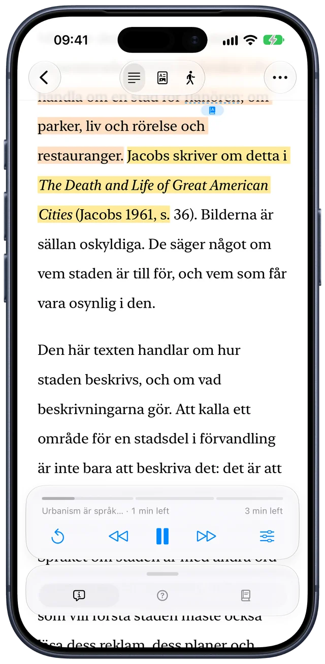 Samma text på iPhone, med meningen som läses markerad i gult